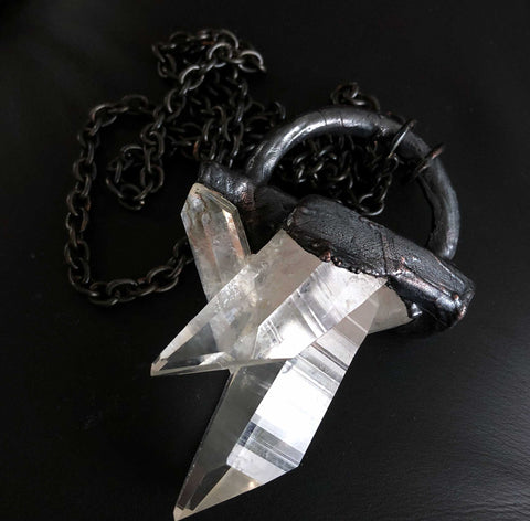 Ultra Clear Lemurian Quartz Crystal Spike Pendant, Dark Electroformed Necklace