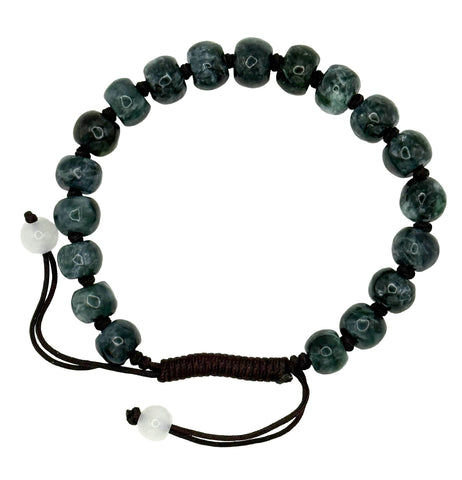 Guatemalan Jade Bead Bracelet, Individually Knotted Dark Green Rondelle Beads w/ Sliding Knot on a white background