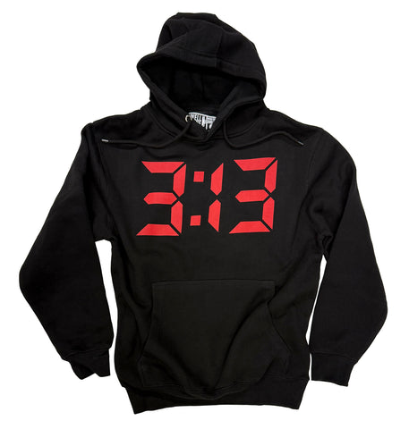 313 Hoodie. Red Digital Numbers, Black Hooded Pullover Sweatshirt