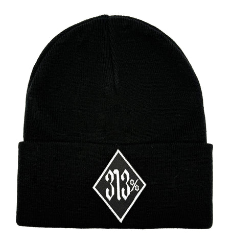 313 Percent Black Cuffed Beanie Cap, Biker Style Patch