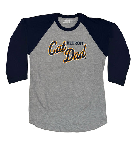Gray and navy baseball shirt with 'Detroit Cat Dad' text on a white background