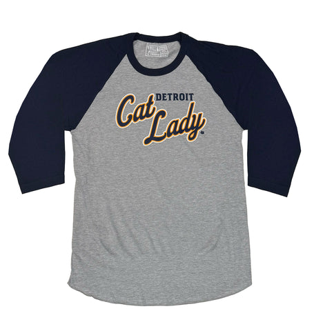 Gray and navy baseball shirt with 'Detroit Cat Lady' text on a white background