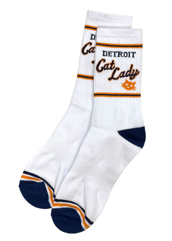 Detroit Cat Lady Socks. Baseball-Inspired White Crew Cut Gym Socks, by Well Done Goods