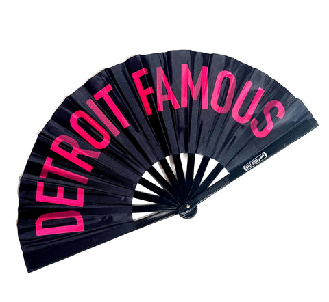 Detroit Famous Fan. Large hot pink & black printed fabric clack fan