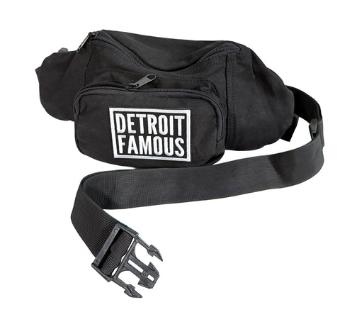 Black fanny pack with 'Detroit Famous' text on a white background