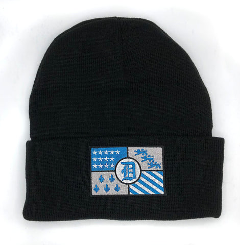 Black Detroit Flag Beanie - in Football Colors.  Embroidered Patch hat w/ cuff