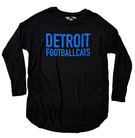 Black long-sleeve shirt with 'Detroit Footballcats' text in blue on a white background