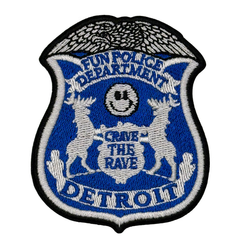 Patch with 'Fun Police Department' text and deer design on a blue background