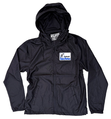 Detroit Techno Fun Police Zip Windbreaker. Black Hooded Wind Breaker Jacket