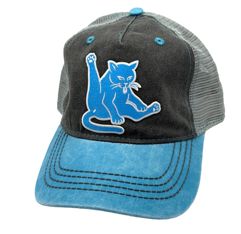 Detroit Kitties Trucker Cap. Distressed Grey & Blue Gameday colors - curved bill style