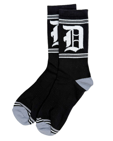 Detroit Old English D Socks. Black Crew Cut Gym Socks, by Well Done Goods