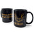 Two black mugs with gold text and designs on a white background - Detroit Phoenix Rising Ceramic Mug, Hood Bird Coffee Cup