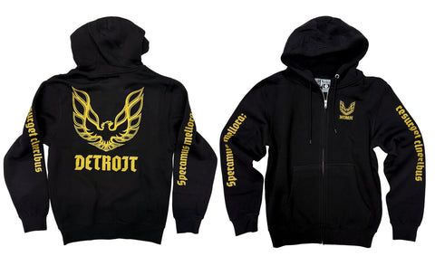 Detroit Phoenix Rising Zip Hoodie, Gold on Black (Hood Bird Parody). Unisex Black Hooded Sweatshirt