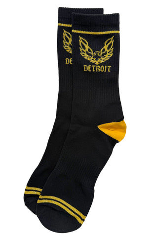 Detroit Phoenix Rising Socks, Black & Metallic Gold Crew Cut Socks by Well Done Goods