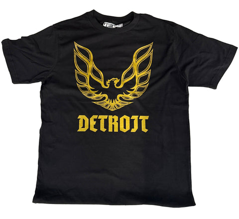 Detroit Phoenix Rising T-Shirt, Gold on Black (Hood Bird Parody)