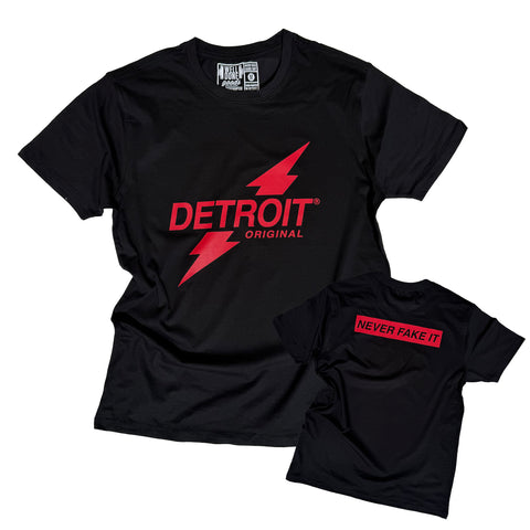 Detroit Original T-Shirt - Never Fake It! Extra Strength Red on Black