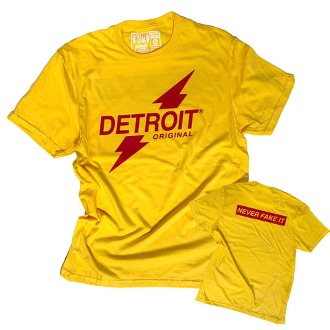 Detroit Original T-Shirt - Never Fake It! Classic Red on Yellow