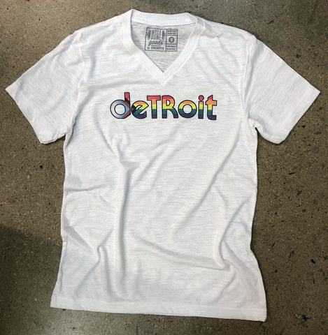 Detroit Pride V-Neck T-Shirt. Rhythm & Progress Rainbow Flag white shirt