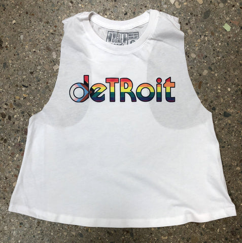 Detroit Pride Cropped Raw Edge Racerback Tank Top, White. Rhythm & Progress Rainbow Flag Tank