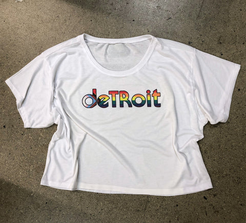Detroit Pride Cropped T-Shirt, White. Rhythm & Progress Rainbow Flag Flowy Cropped Tee