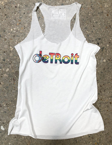 Detroit Pride Racerback Tank Top. Rhythm & Progress Rainbow Flag white triblend tank top