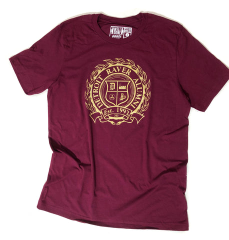 Detroit Raver Alumni T-Shirt, Gold Print on Burgundy Unisex Crew Neck Tee