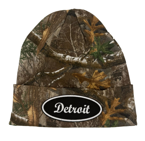 Detroit Script Oval Embroidered Patch Beanie, Officially Licensed RealTree Edge Camo