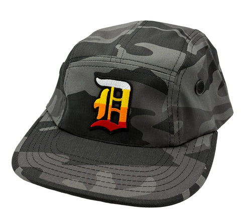 Detroit Rhythm D Patch 5-Panel Cap. Black & Grey Camo Cotton Military Style, Camp Cap