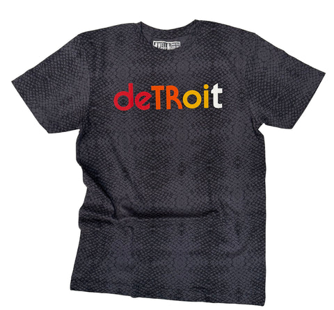 A dark gray textured short-sleeve t-shirt with the word 'Detroit' printed across the chest in red, orange, yellow, and white block letters, shown on a plain white background.