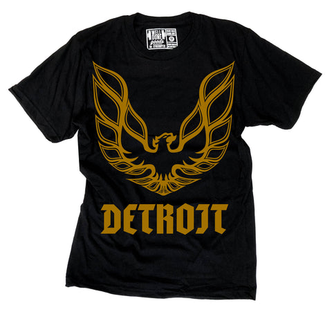 Detroit Phoenix Rising T-Shirt, gold on black (hood bird parody)