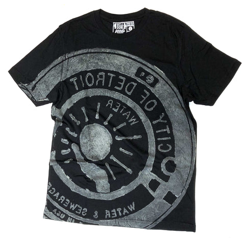Manhole Cover Print, Pale Grey on Black T-Shirt, Spirit of Detroit