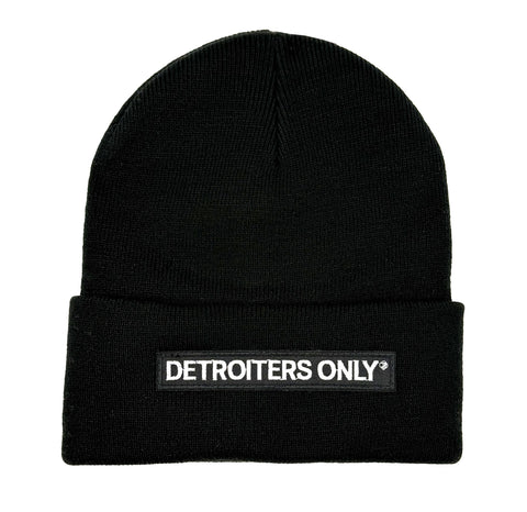 Black beanie with 'Detroitors Only' label on a white background