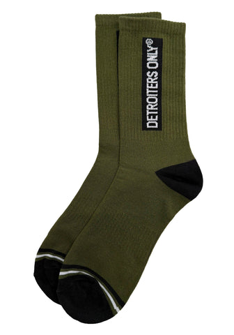 Detroiters Only Socks. Army Green Crew Cut Gym Socks, by Well Done Goods