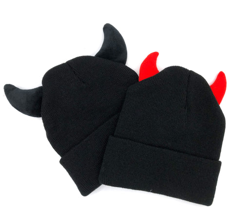 Devil Horn Beanies. Black Knit Hat w/ Stuffed 3D Horns