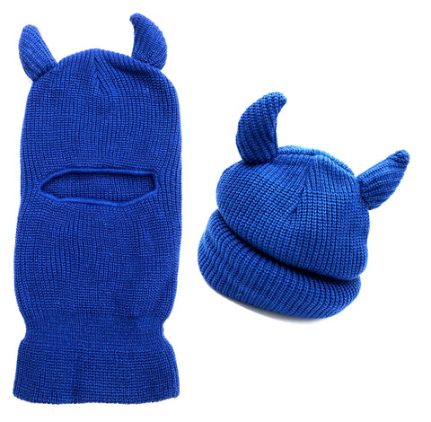 Devil Horns Knit Ski Mask, Royal Blue Balaclava w/ Stuffed 3D Horns. Roll up to be a beanie!