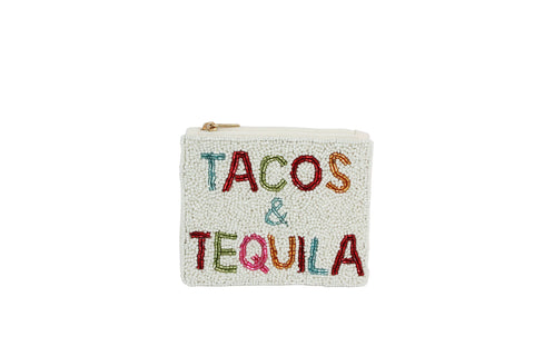 Tacos And Tequila Bold Letters Beaded Coin Purse .Beaded Change Purse, Zipper Pouch