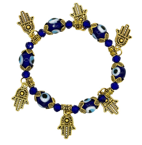 Cobalt Blue Evil Eye Bead Bracelet w/ Brass Hamsa Charms