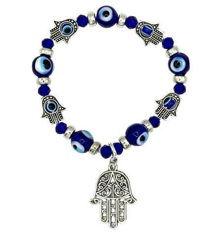 Cobalt Blue Evil Eye Bead Bracelet w/ Hamsa Charm, Chrome Accent Beads