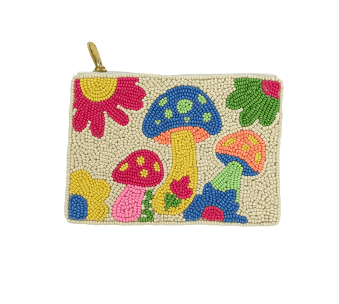 Mushroom Beaded Coin Purse. Beaded Change Purse, Zipper Pouch