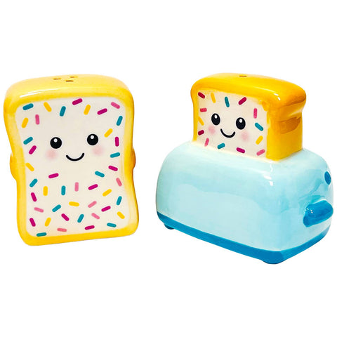 A pair of ceramic kitchen salt and pepper shakers shaped like a toaster pastry and a toaster, both with cute smiling faces and colorful sprinkle details, on a plain white background.