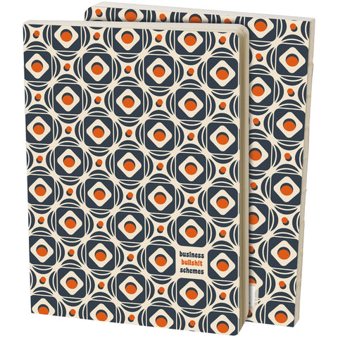 Two notebooks with a geometric pattern on a white background. Small text on notebook reads "Business, bullshit, schemes."