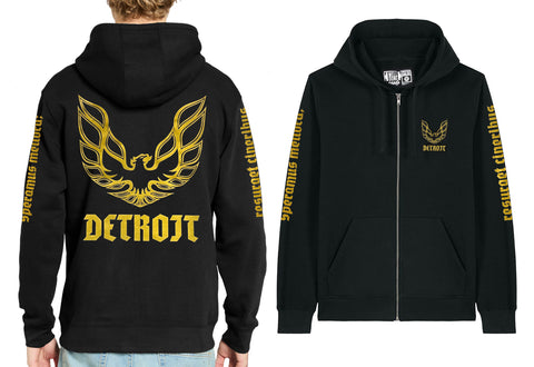 Detroit Phoenix Rising Zip Hoodie, Gold on Black (Hood Bird Parody). Unisex Black Hooded Sweatshirt