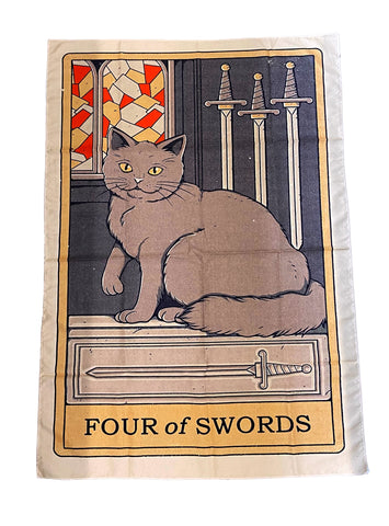 Cat Tarot Tapestry, Four of Swords. 39"x27" Cat Fabric Wall Hanging