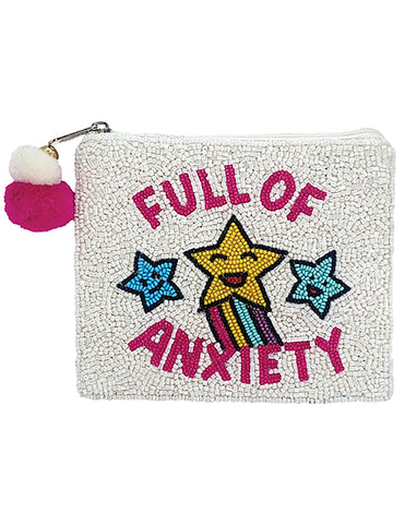 Full of Anxiety Beaded Coin Purse. White Beaded Change Purse, Zipper Pouch