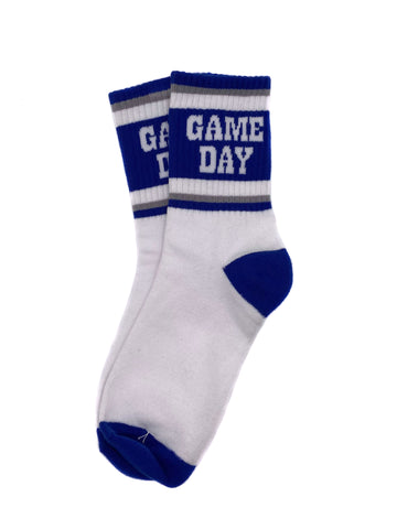 blue and white low rise gym socks that say game day