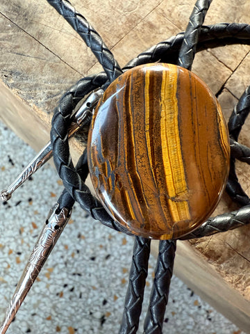 Tiger's Eye Bolo Tie, Polished Oval western tie. Leather bola necklace