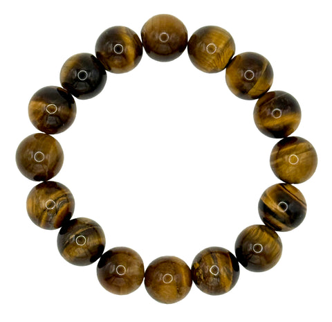 A beaded stretch bracelet made of polished round tiger's eye beads with a natural brown and black banded pattern, displayed on a clean white background.