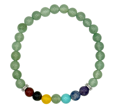 A beaded chakra bracelet made of light green gemstone beads with seven accent beads in red, black, yellow, green, light blue, dark blue, and purple, separated by silver spacer rings, shown on a plain white background.