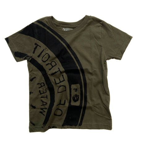 Manhole Cover Baby T-shirt, Spirit of Detroit Print on Army Green.