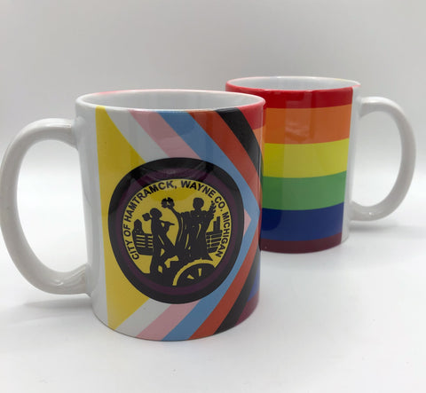 Hamtramck Pride Flag Mug, City of Hamtramck Rainbow Flag Coffee Cup, white interior and handle